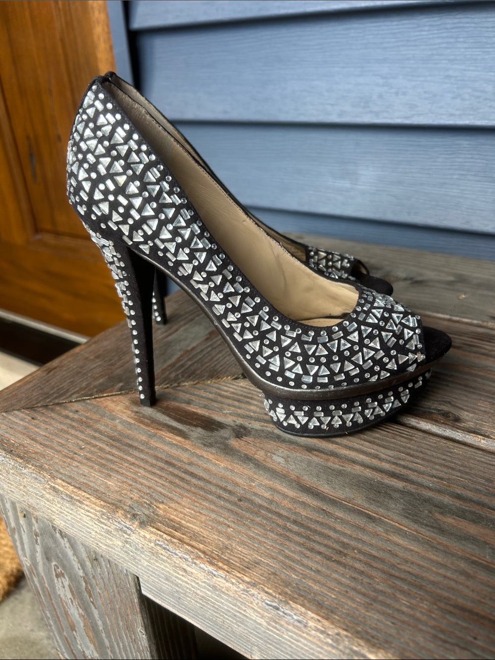 Enzo Angiolini Black Crystal-Embellished Peep-Toe Platform Pumps